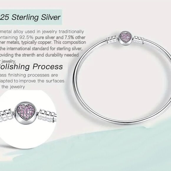 Sterling Silver Pink Pave Heart Bangle Bracelet 7.5" and 8.3" - Picture 2 of 2